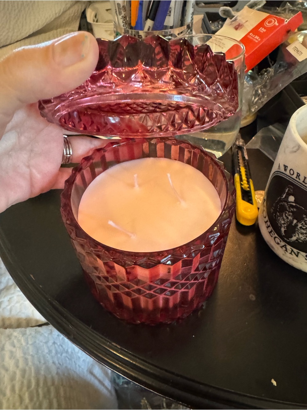 Pink Textured Glass Jar Candle with Lid Francesca new